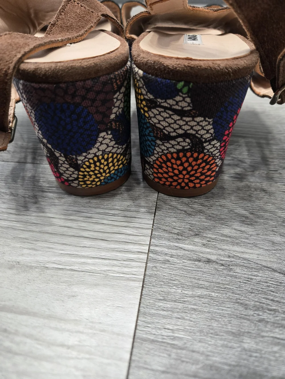 Brown Suede Platform Sandals with Colorful Printed Wedge